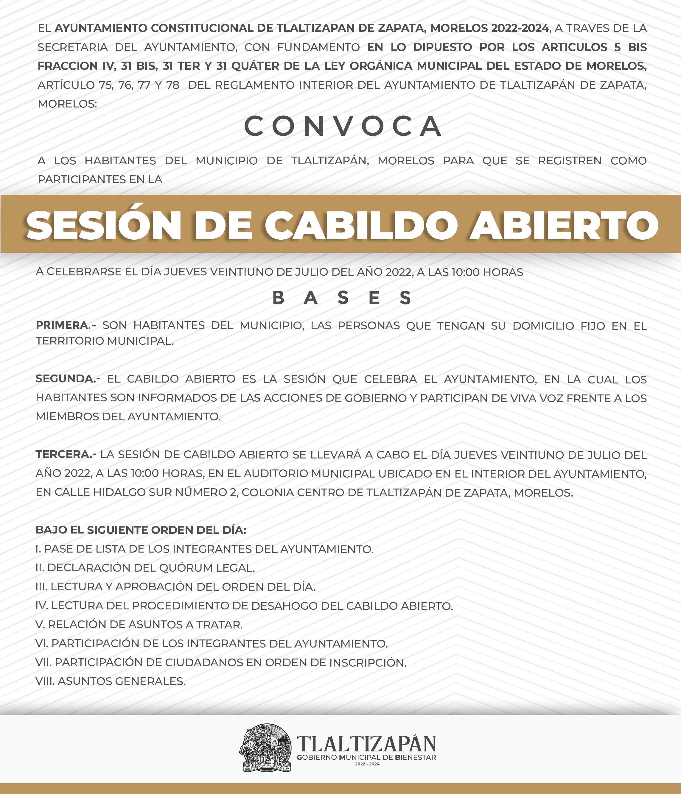 CONVOCATORIA A LA PRIMERA SESIÓN DE CABILDO ABIERTO EN TLALTIZAPÁN